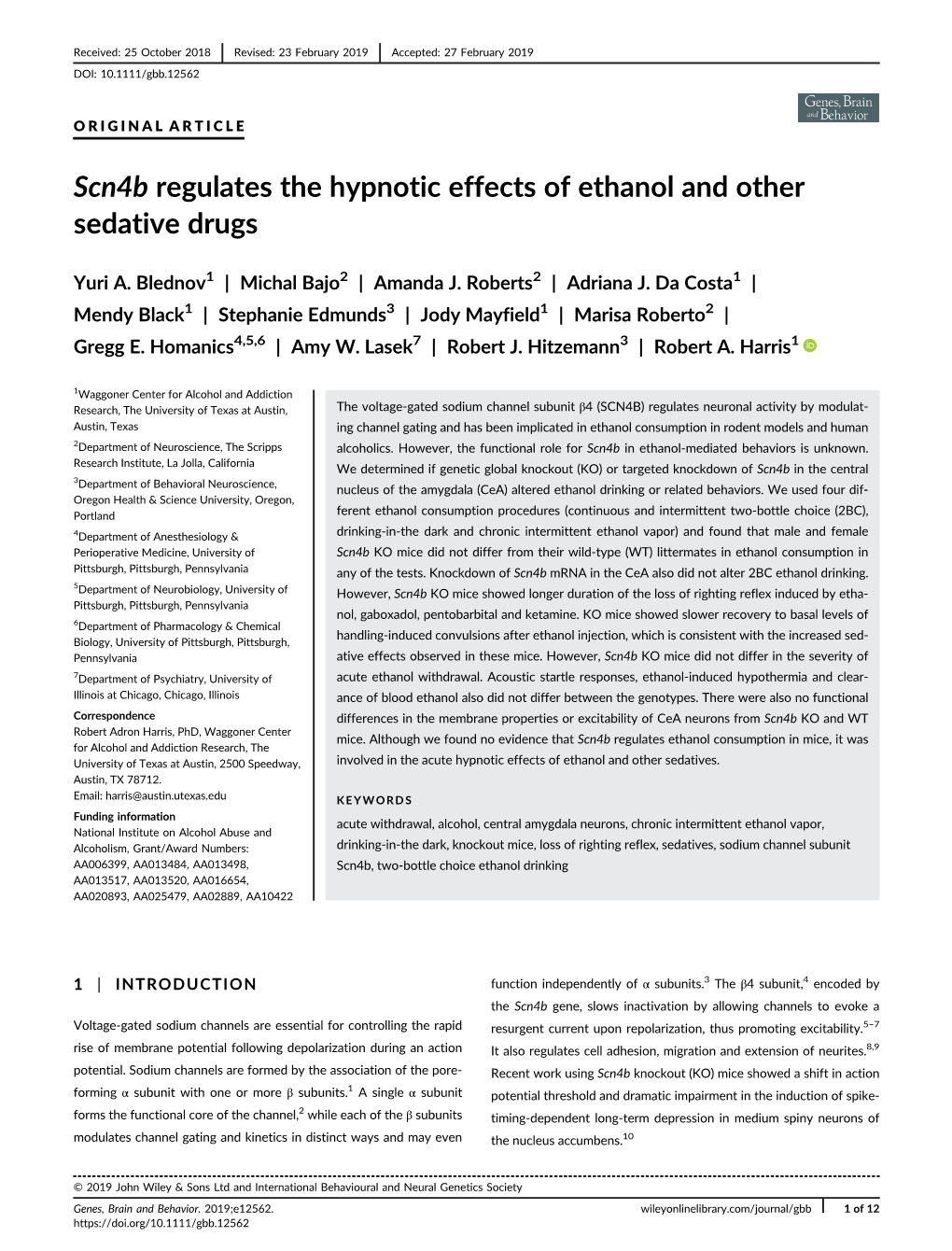 Scn4b Regulates the Hypnotic Effects of Ethanol and Other Sedative Drugs