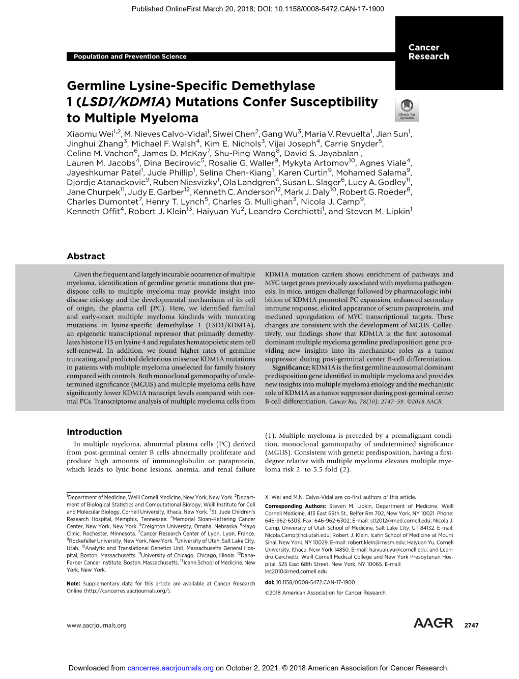 LSD1/KDM1A) Mutations Confer Susceptibility to Multiple Myeloma Xiaomu Wei1,2, M