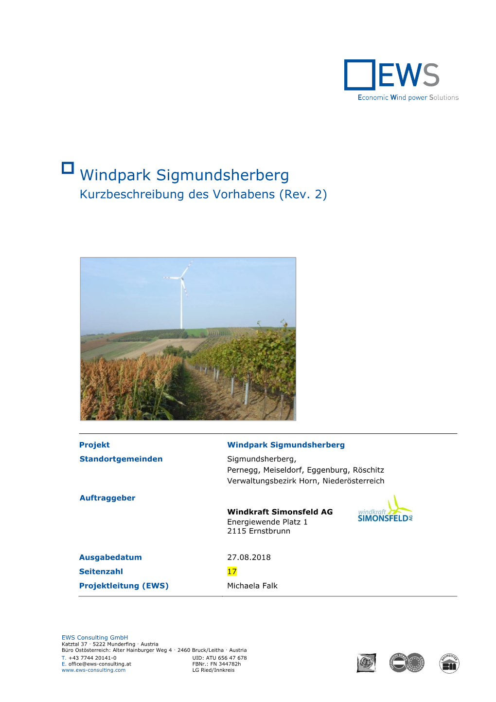 Windpark Sigmundsherberg Kurzbeschreibung Des Vorhabens (Rev