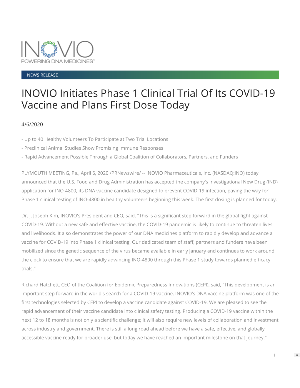 INOVIO Initiates Phase 1 Clinical Trial of Its COVID-19 Vaccine and Plans First Dose Today