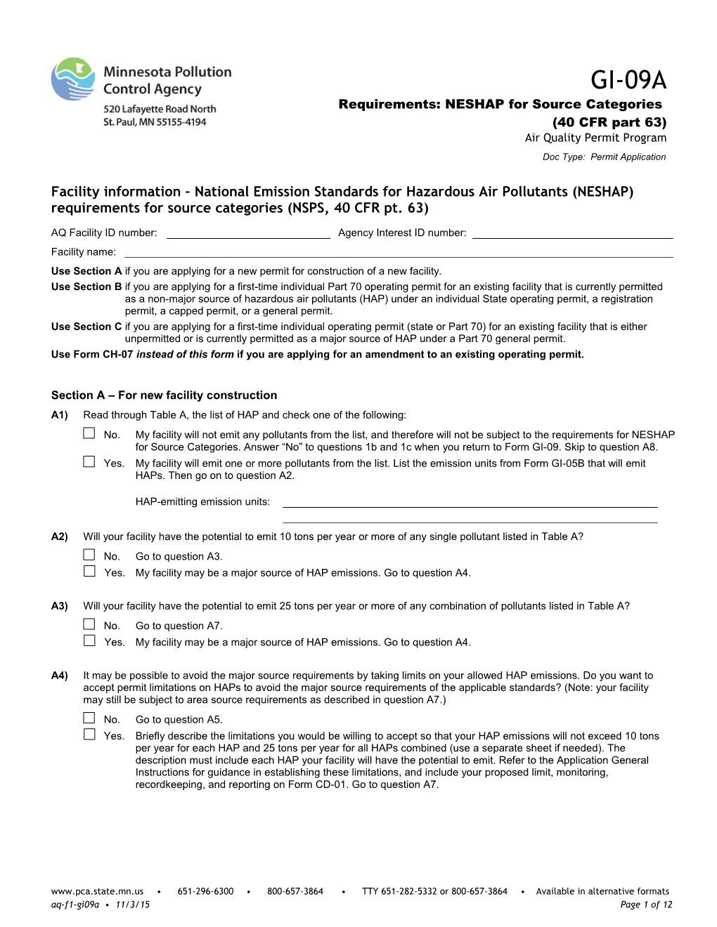 GI-09A Requirements: NESHAP for Source Categories - Air Quality Permit Program - Form