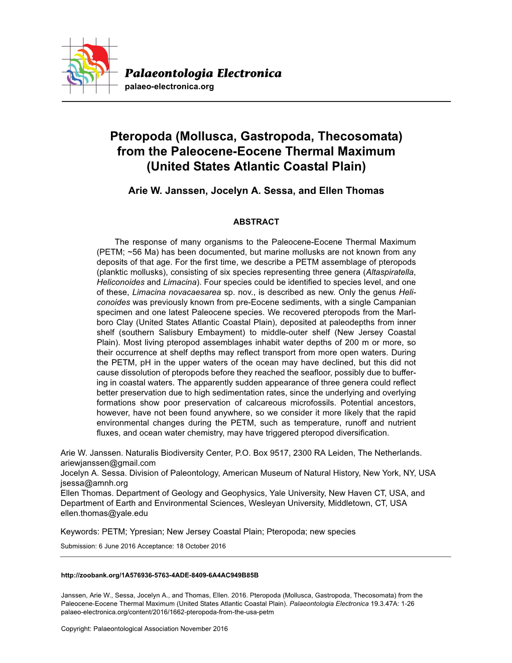 Pteropoda (Mollusca, Gastropoda, Thecosomata) from the Paleocene-Eocene Thermal Maximum (United States Atlantic Coastal Plain)