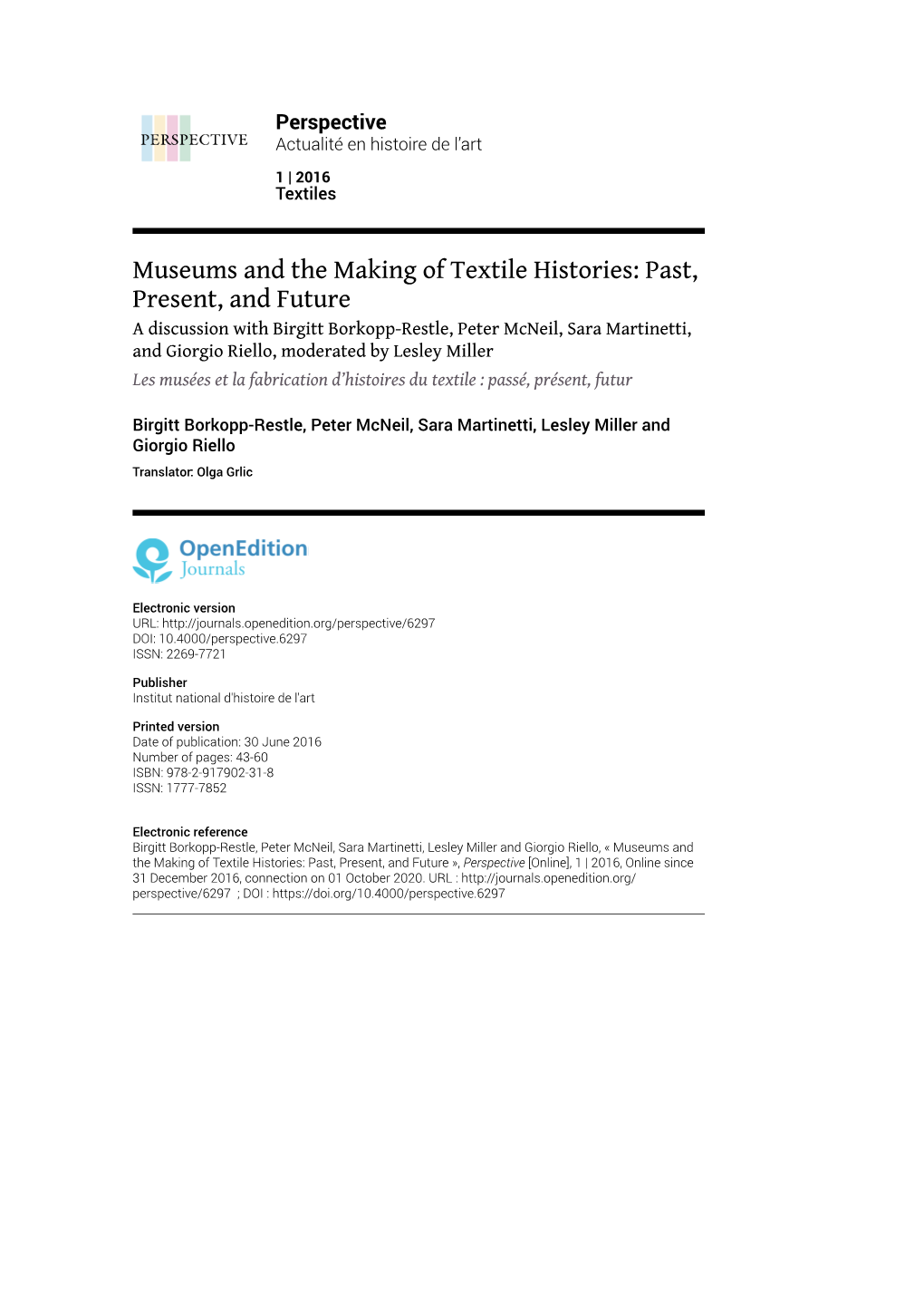 Museums and the Making of Textile Histories: Past, Present, and Future