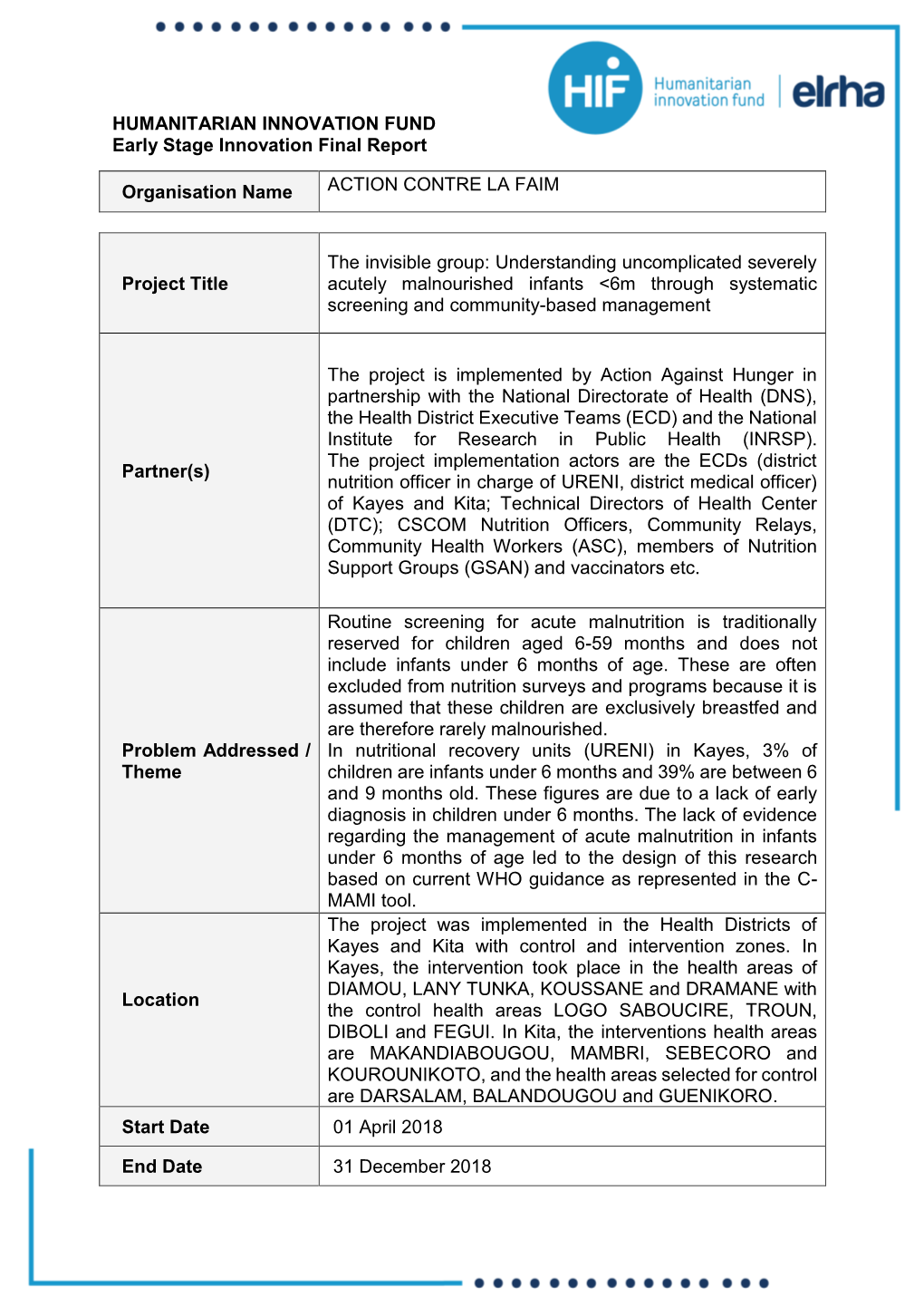 HUMANITARIAN INNOVATION FUND Early Stage Innovation Final Report