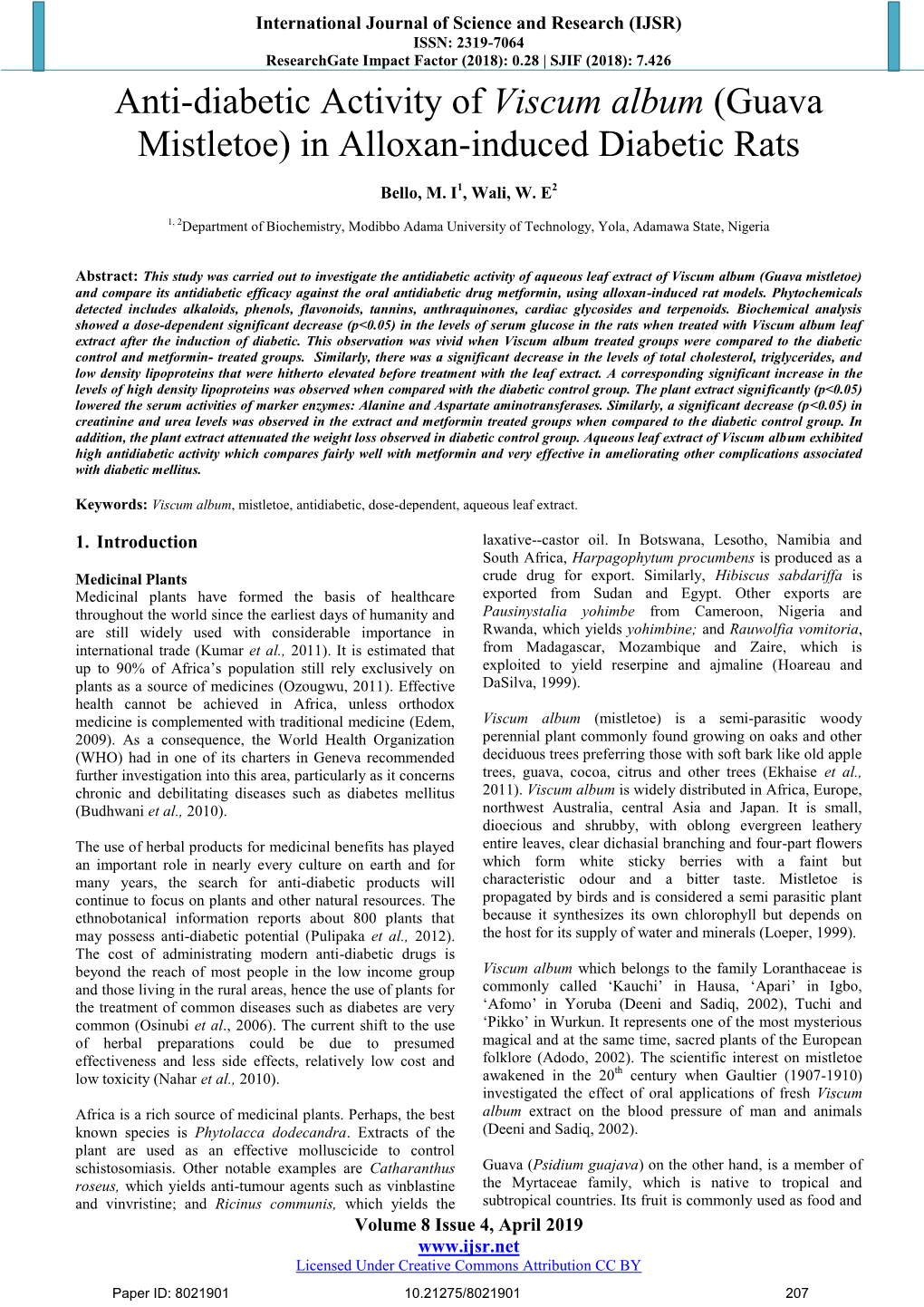 Anti-Diabetic Activity of Viscum Album (Guava Mistletoe) in Alloxan-Induced Diabetic Rats