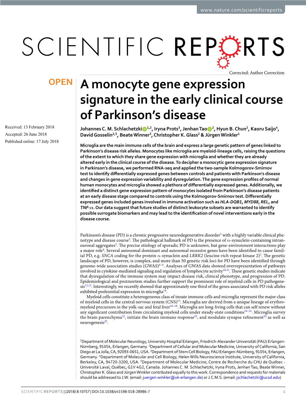 A Monocyte Gene Expression Signature in the Early Clinical Course of Parkinson’S Disease Received: 13 February 2018 Johannes C