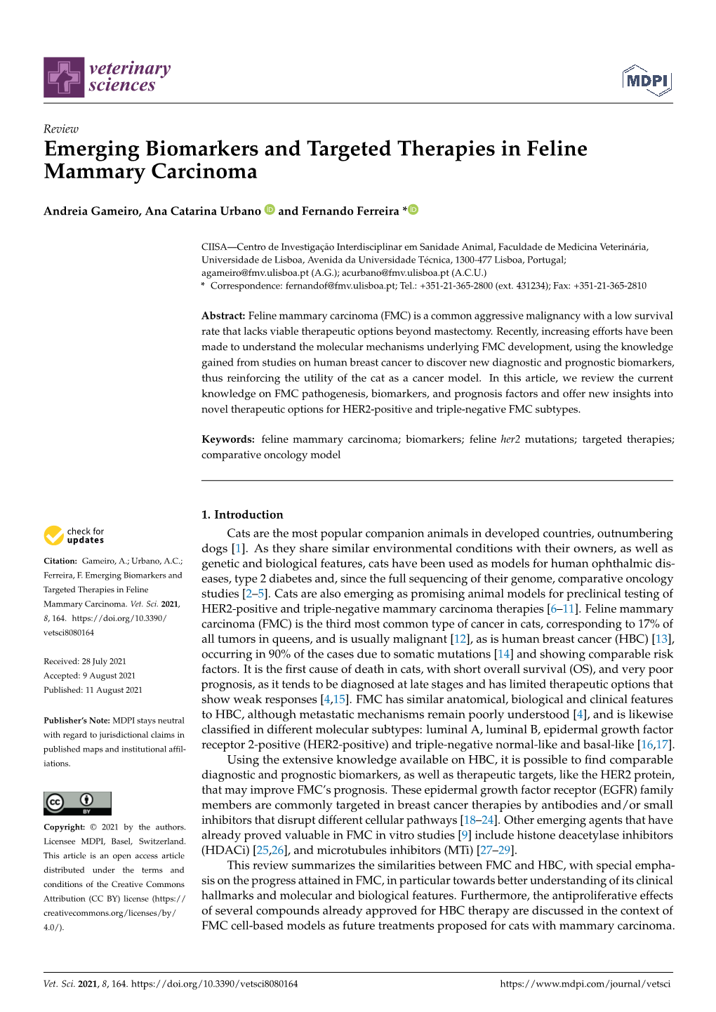 Emerging Biomarkers and Targeted Therapies in Feline Mammary Carcinoma