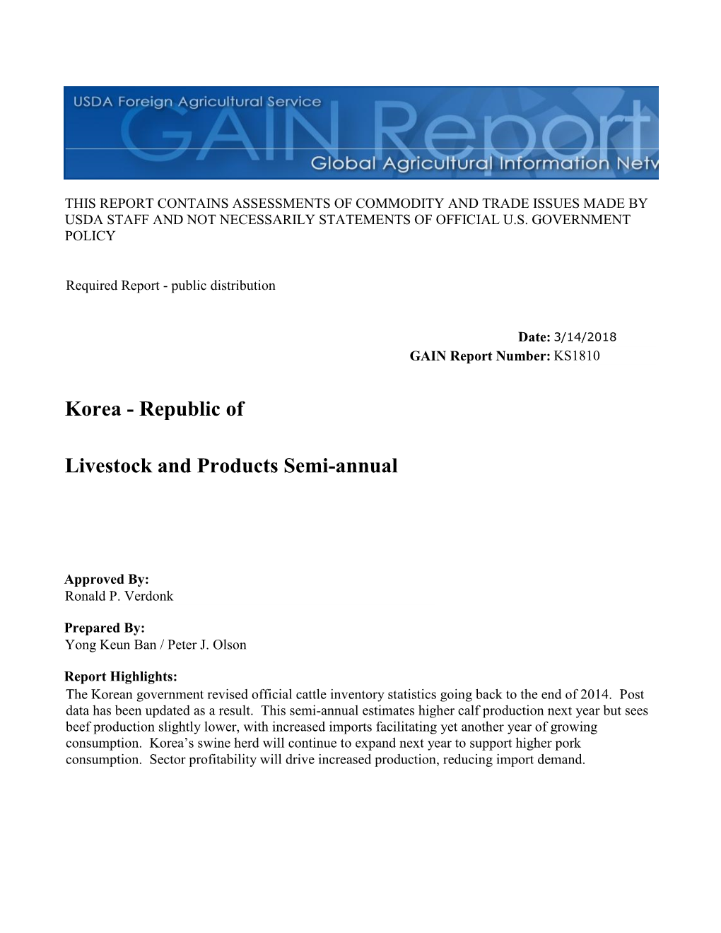 Livestock and Products Semi-Annual Korea