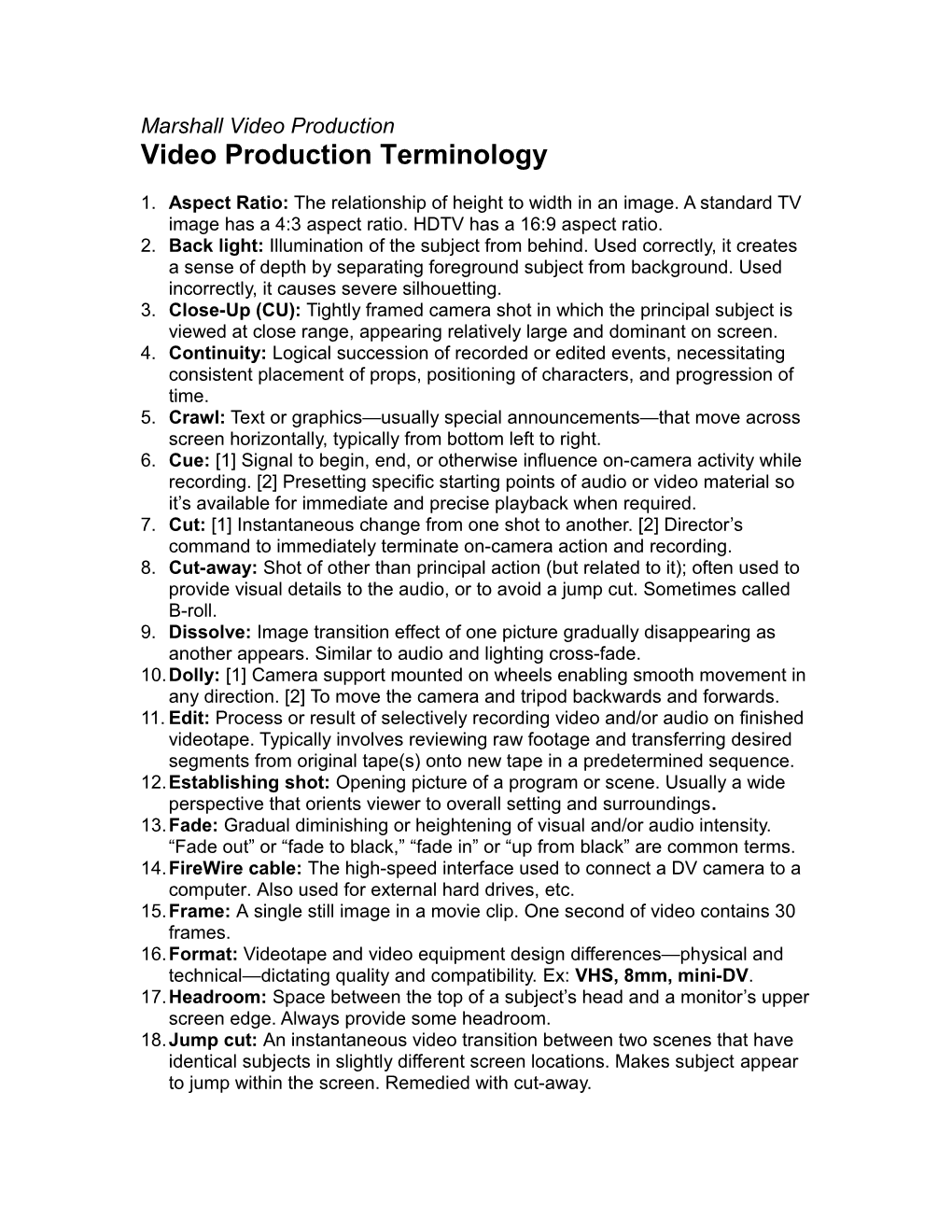 Video Production Terminology