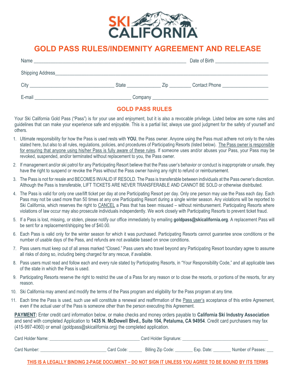 California Snow Gold Pass Application 2005-2006