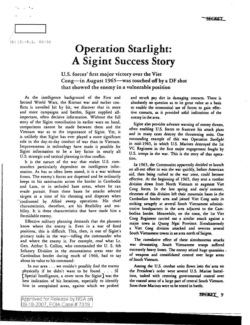 Operation Starlight: a Sigint Success Story U.S