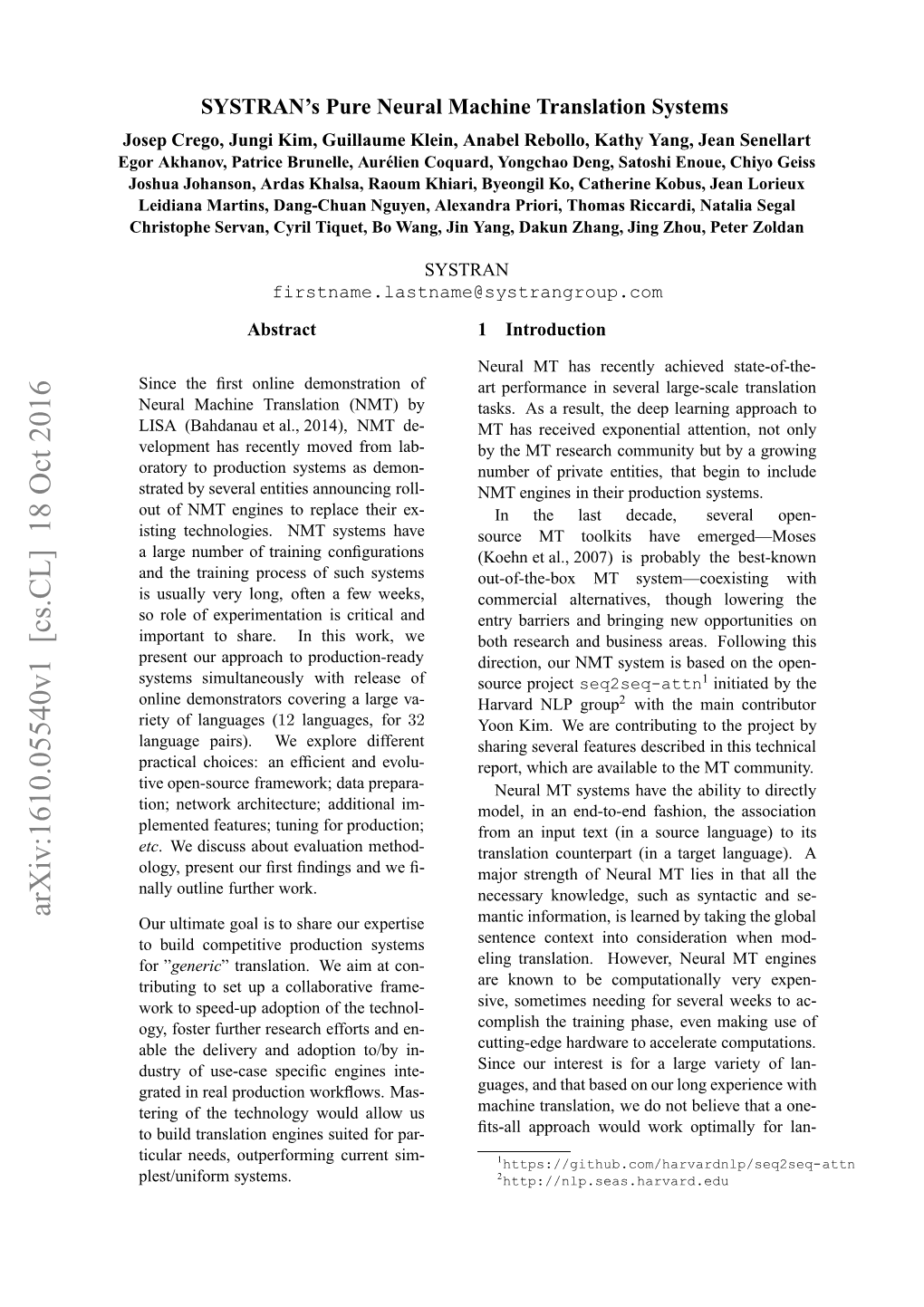 SYSTRAN's Pure Neural Machine Translation Systems