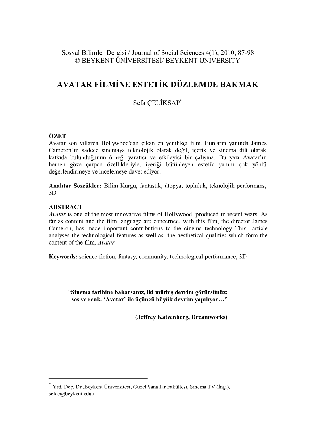 Avatar Filmine Estetik Düzlemde Bakmak