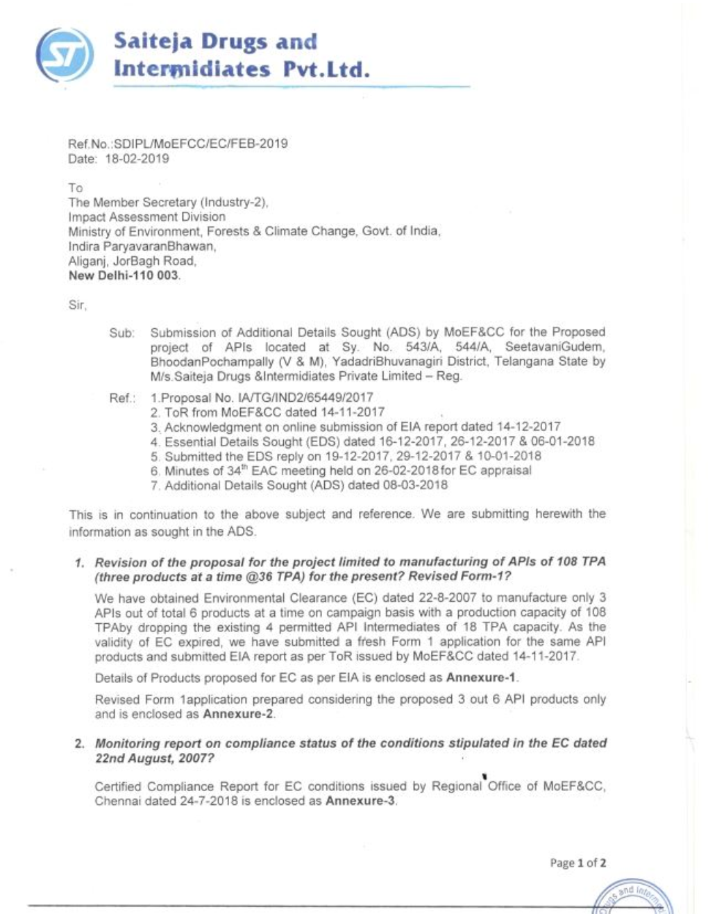 Annexure 1 Details of Products Proposed for EC As Per Submitted EIA Annexure - 1