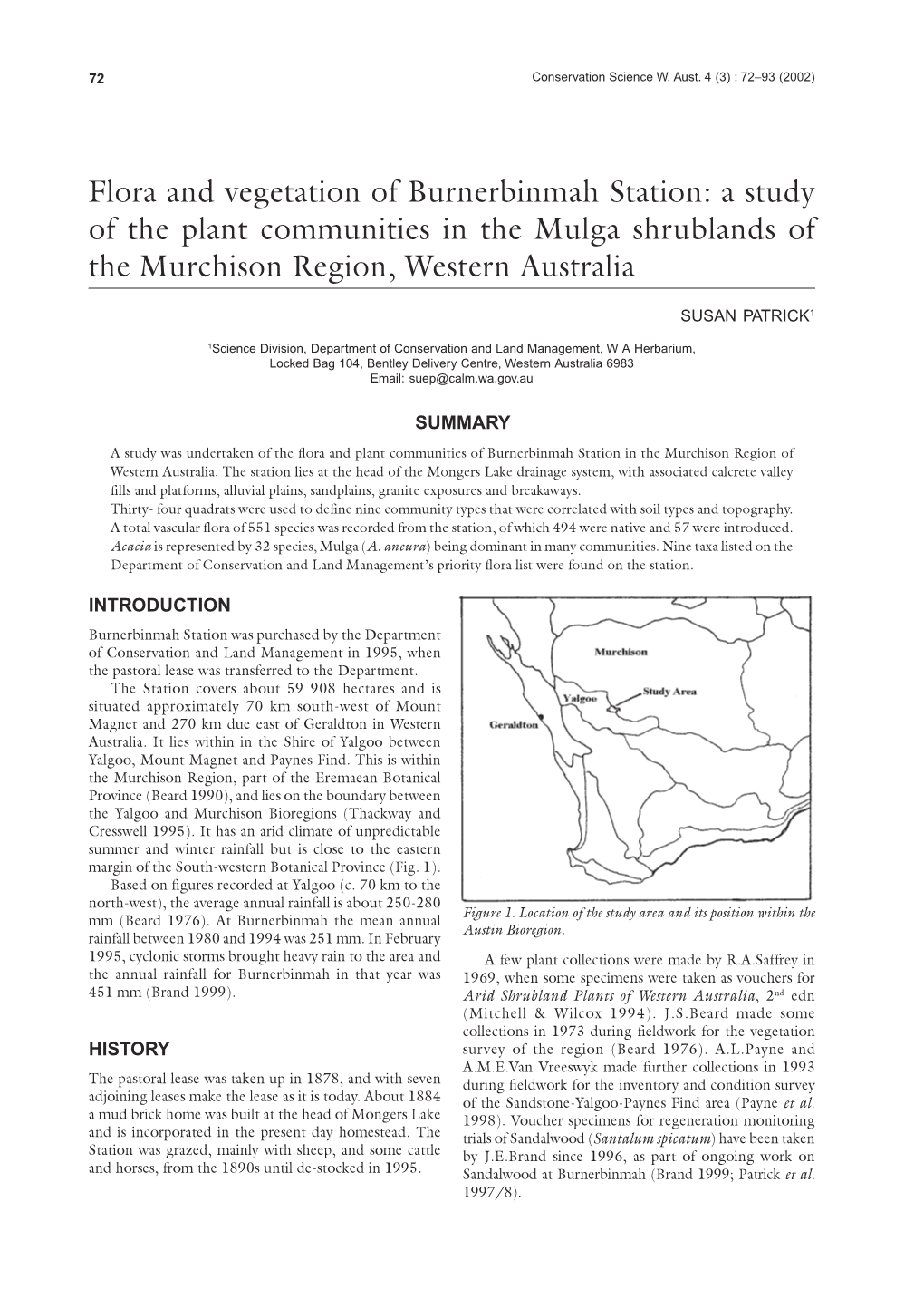 Flora and Vegetation of Burnerbinmah Station: a Study of the Plant Communities in the Mulga Shrublands of the Murchison Region, Western Australia