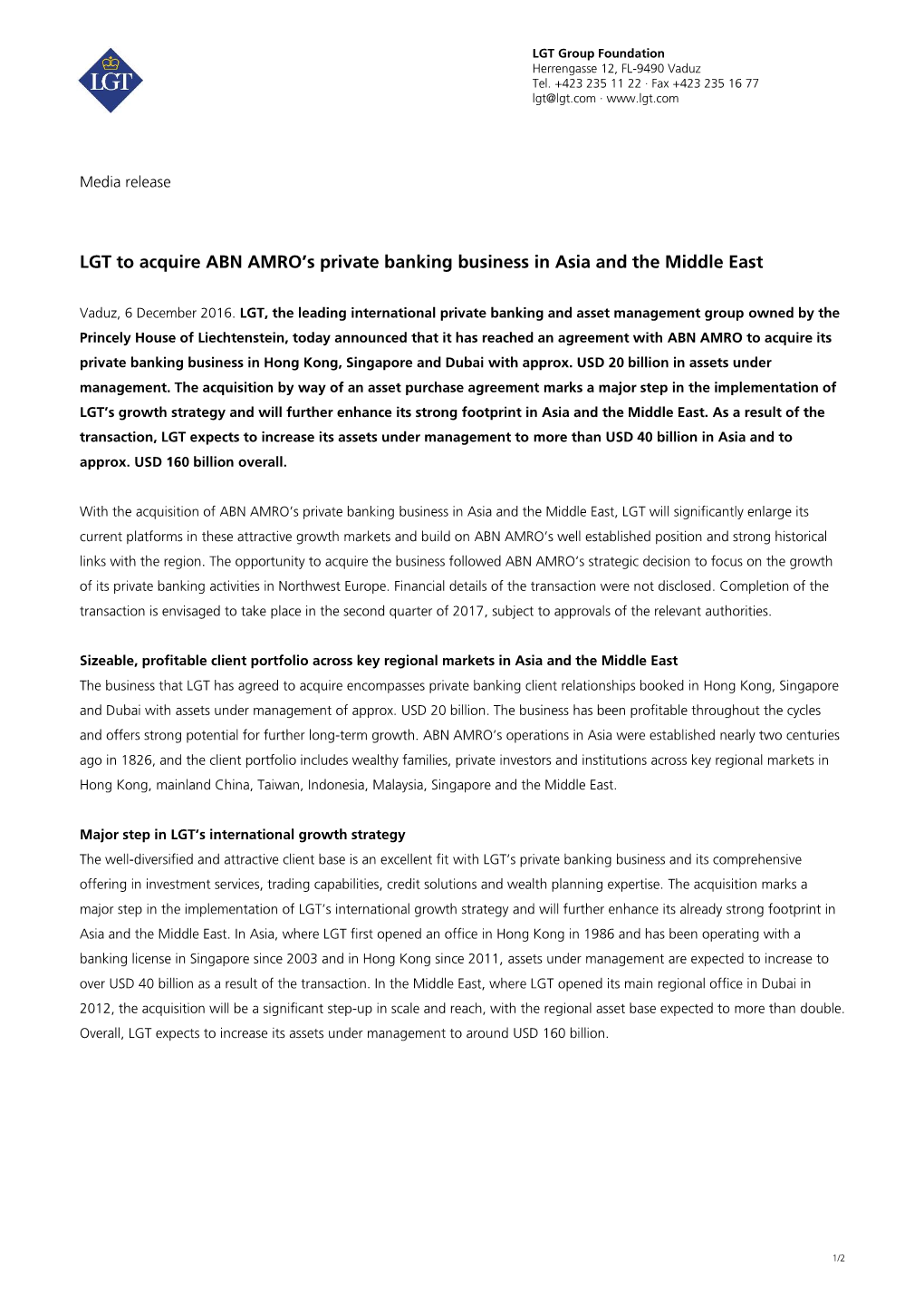 LGT to Acquire ABN AMRO's Private Banking Business in Asia and The