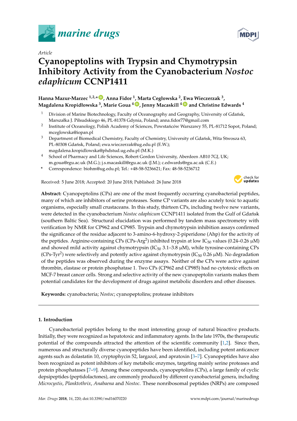 Cyanopeptolins with Trypsin and Chymotrypsin Inhibitory Activity from the Cyanobacterium Nostoc Edaphicum CCNP1411