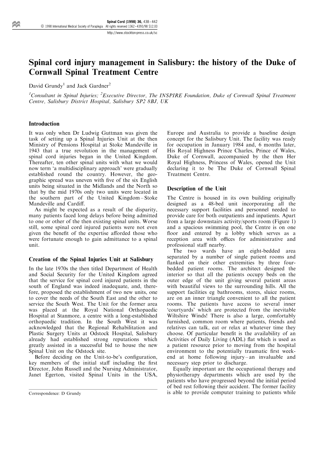 Spinal Cord Injury Management in Salisbury: the History of the Duke of Cornwall Spinal Treatment Centre
