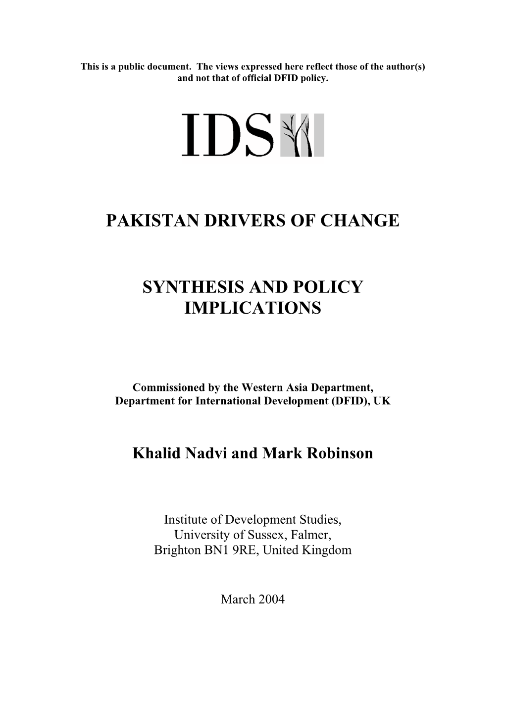 Pakistan Drivers of Change Synthesis and Policy Implications