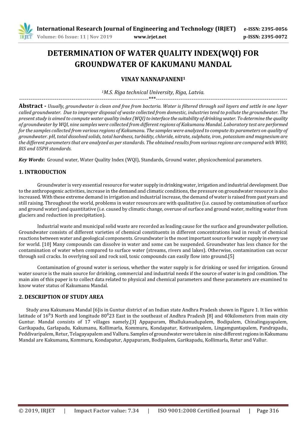 Determination of Water Quality Index(Wqi) for Groundwater of Kakumanu Mandal