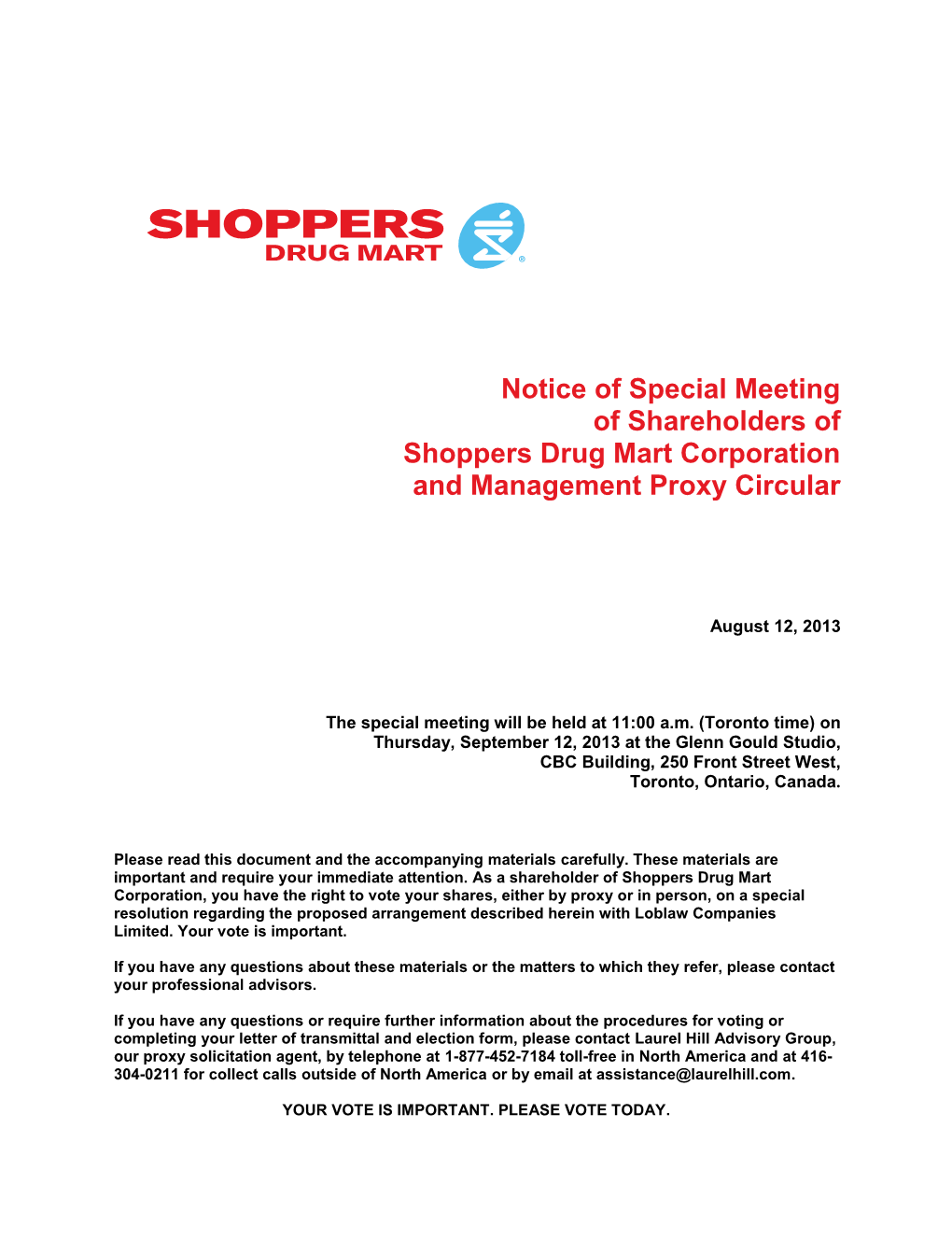 Notice of Special Meeting of Shareholders of Shoppers Drug Mart Corporation and Management Proxy Circular