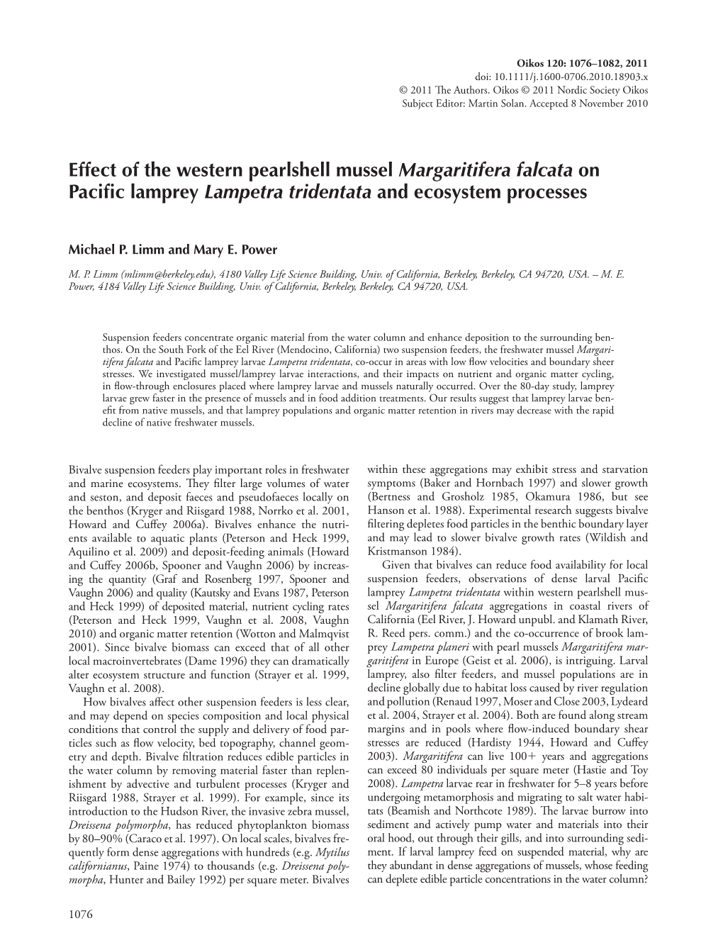 Effect of the Western Pearlshell Mussel Margaritifera Falcata on Pacific