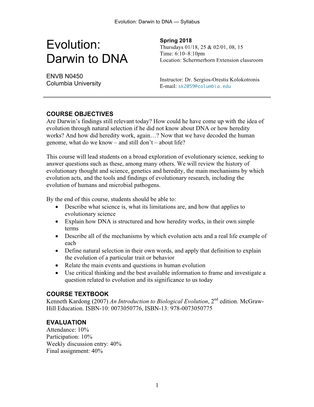 Evolution: Darwin to DNA — Syllabus