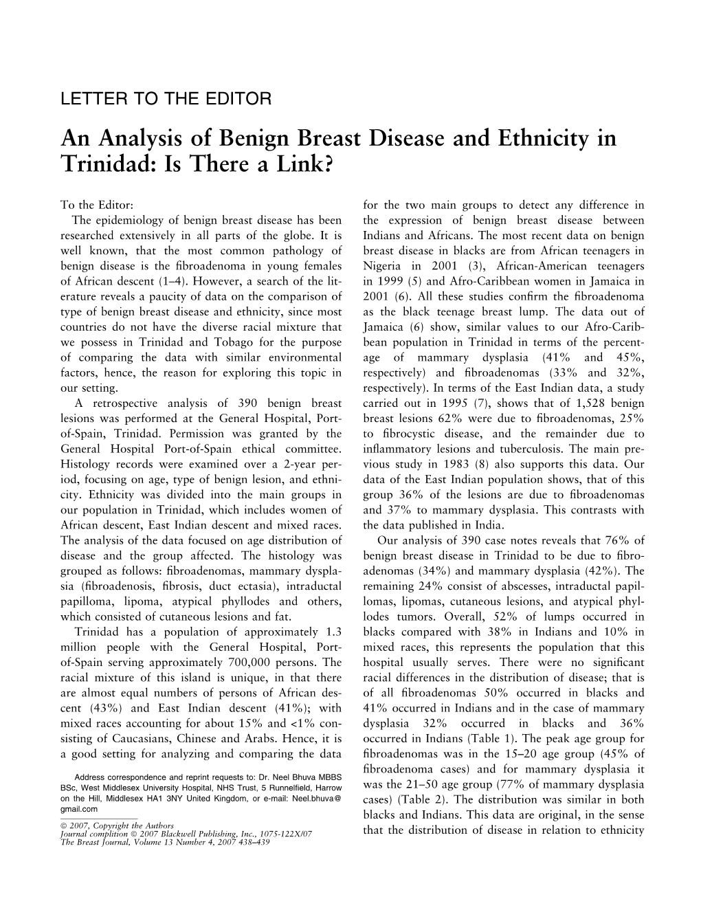 An Analysis of Benign Breast Disease and Ethnicity in Trinidad: Is There a Link?