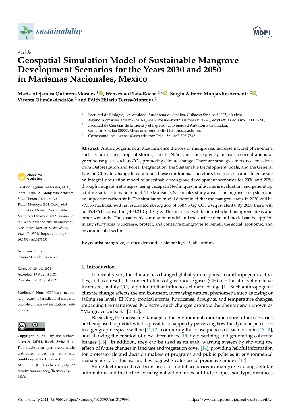 Geospatial Simulation Model of Sustainable Mangrove Development Scenarios for the Years 2030 and 2050 in Marismas Nacionales, Mexico