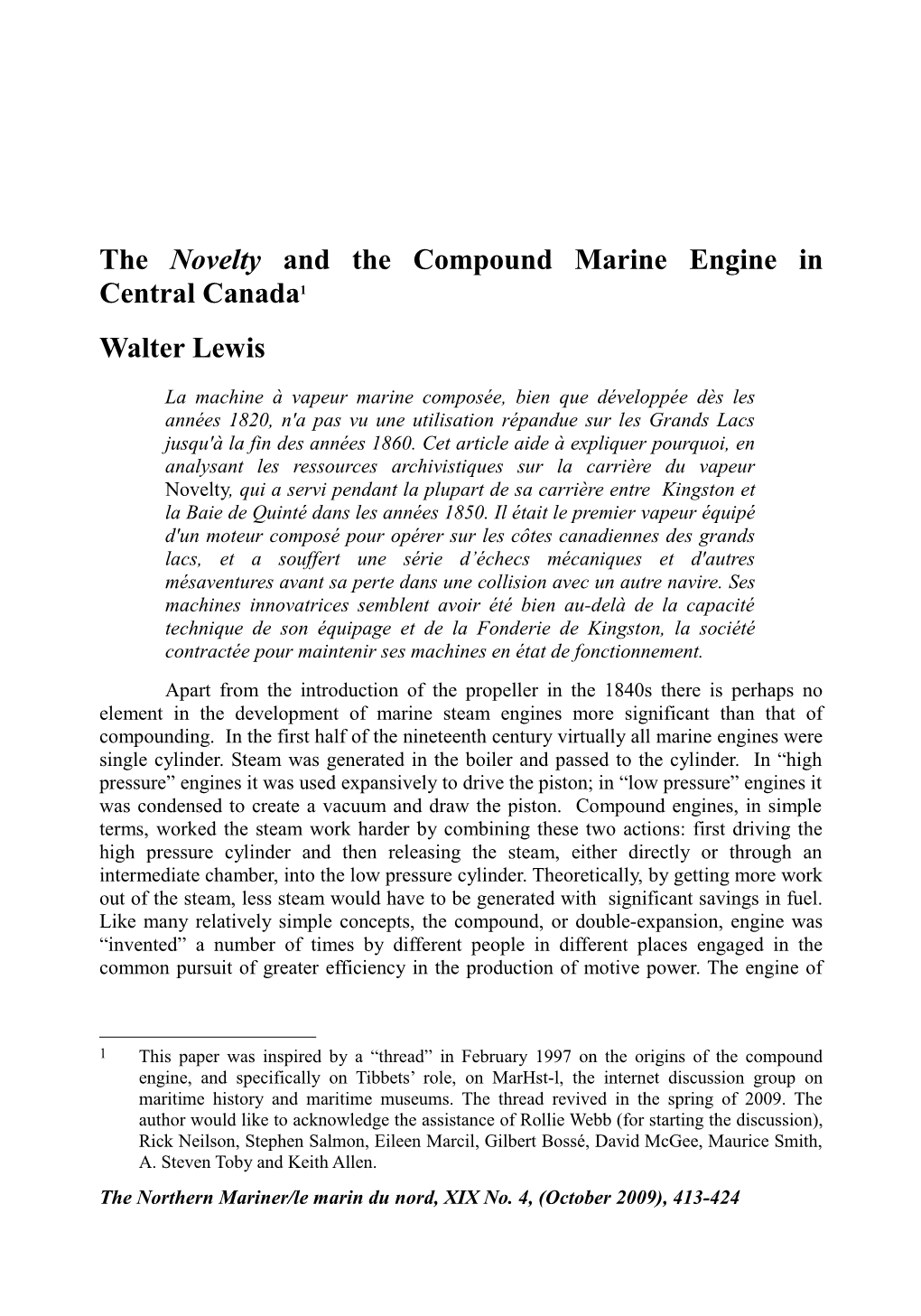 The Novelty and the Compound Marine Engine in Central Canada1 Walter Lewis