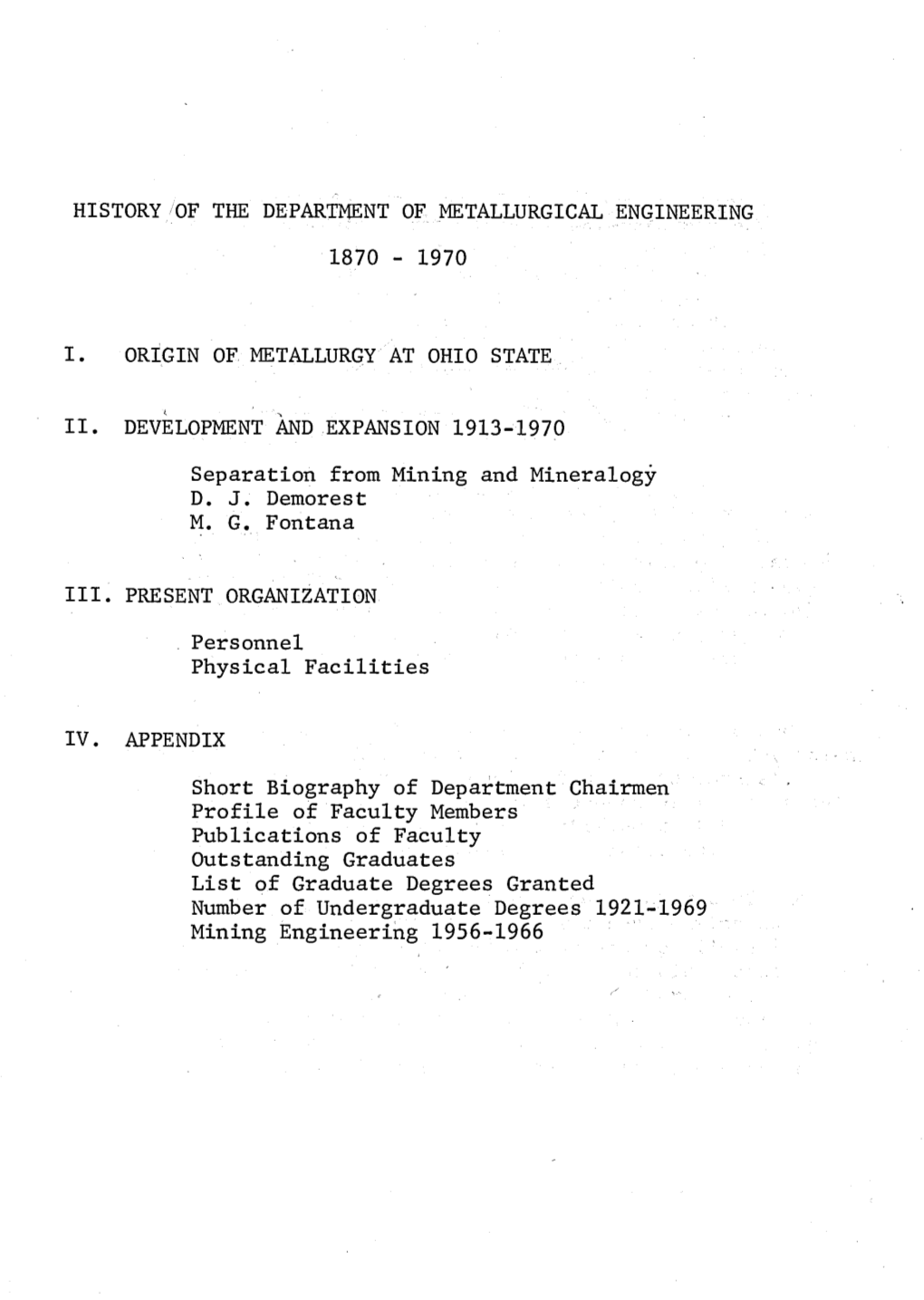 History of the Department of Metallurgical Engineering 1870 - 1970