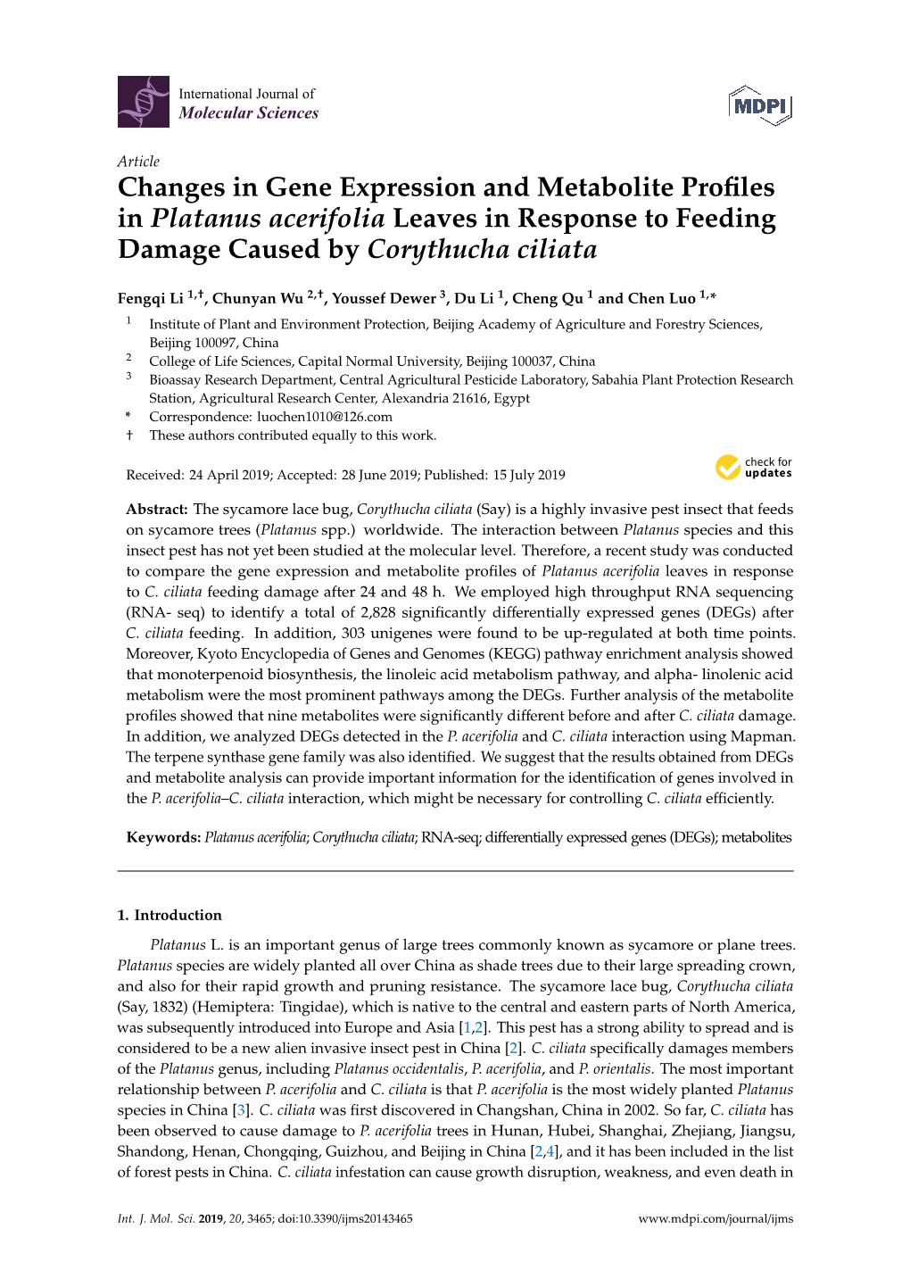 Changes in Gene Expression and Metabolite Profiles in Platanus Acerifolia Leaves in Response to Feeding Damage Caused by Corythucha Ciliata