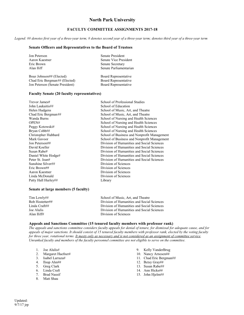 Committee Assignments for Faculty and Staff, 2012-13