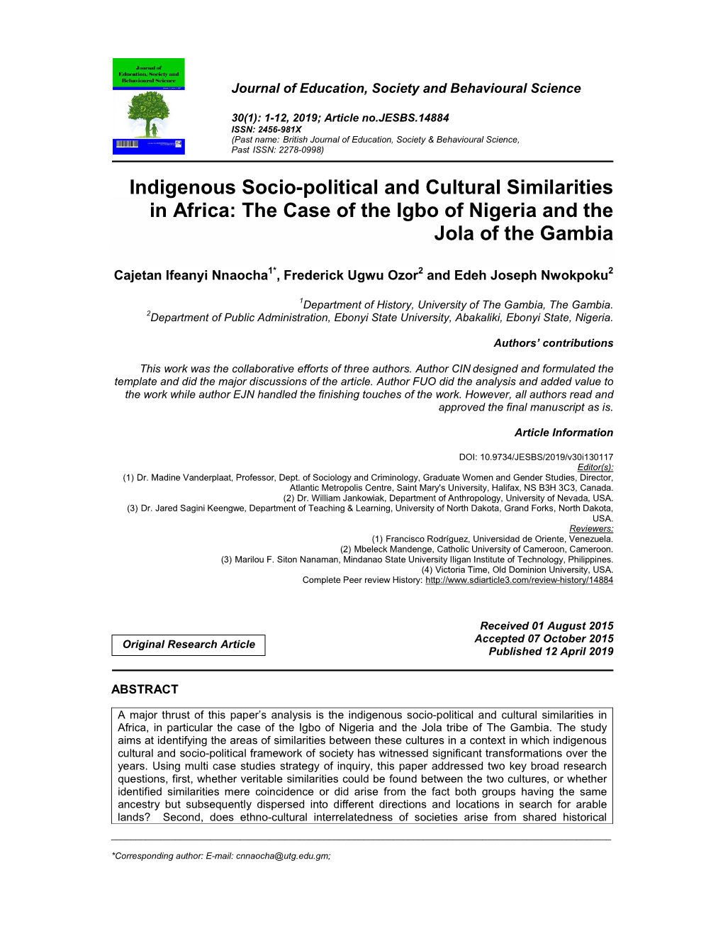 Indigenous Socio-Political and Cultural Similarities in Africa: the Case of the Igbo of Nigeria and the Jola of the Gambia