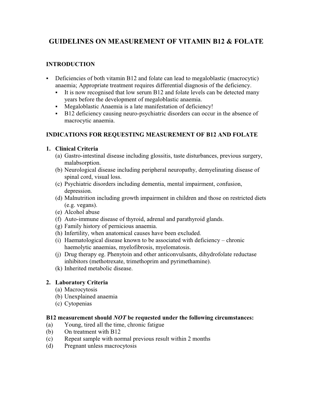 Guidelines on Measurement of Vitamin B12 and Folate