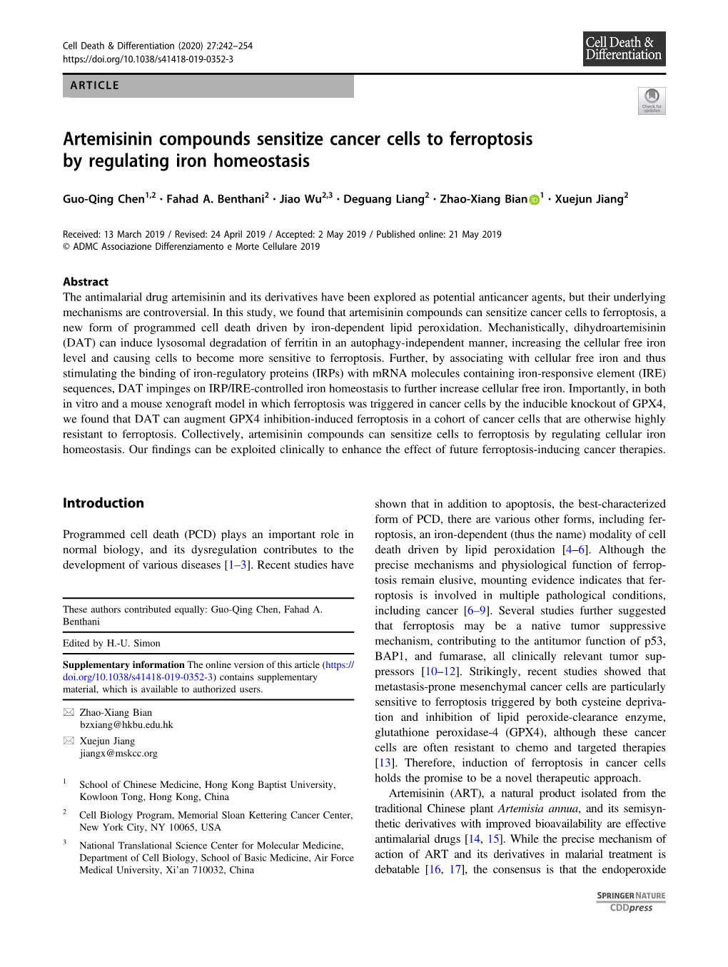 Artemisinin Compounds Sensitize Cancer Cells to Ferroptosis by Regulating Iron Homeostasis