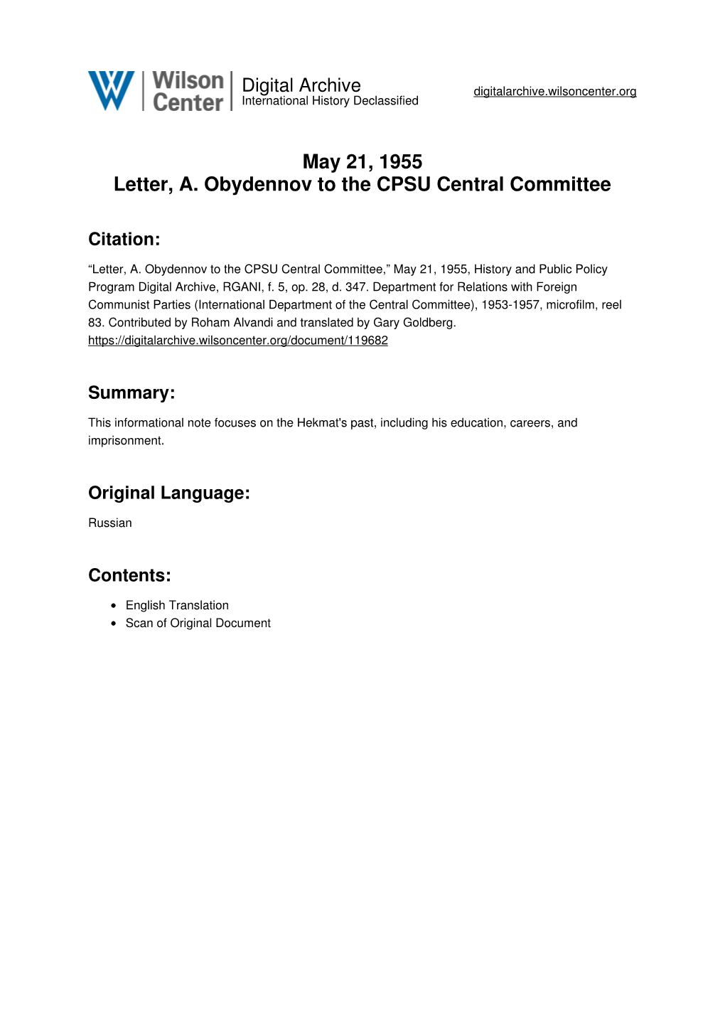 May 21, 1955 Letter, A. Obydennov to the CPSU Central Committee