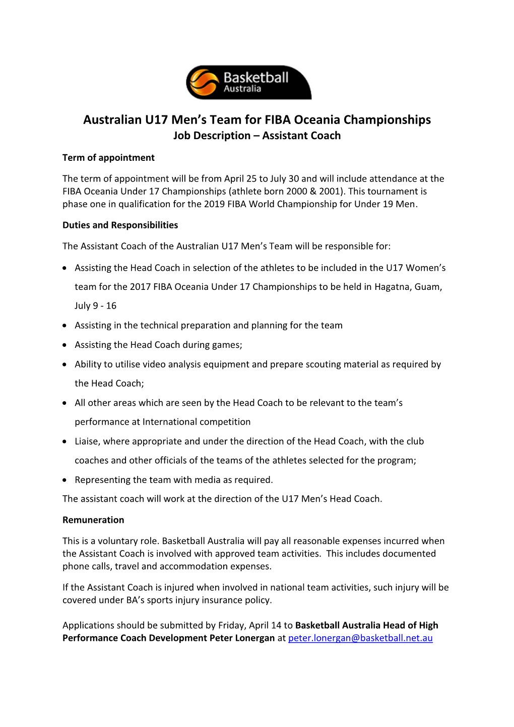 Australian U17 Men's Team for FIBA Oceania Championships