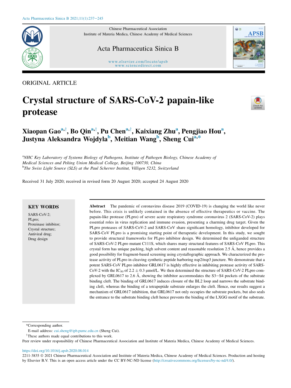 Crystal Structure of SARS-Cov-2 Papain-Like Protease