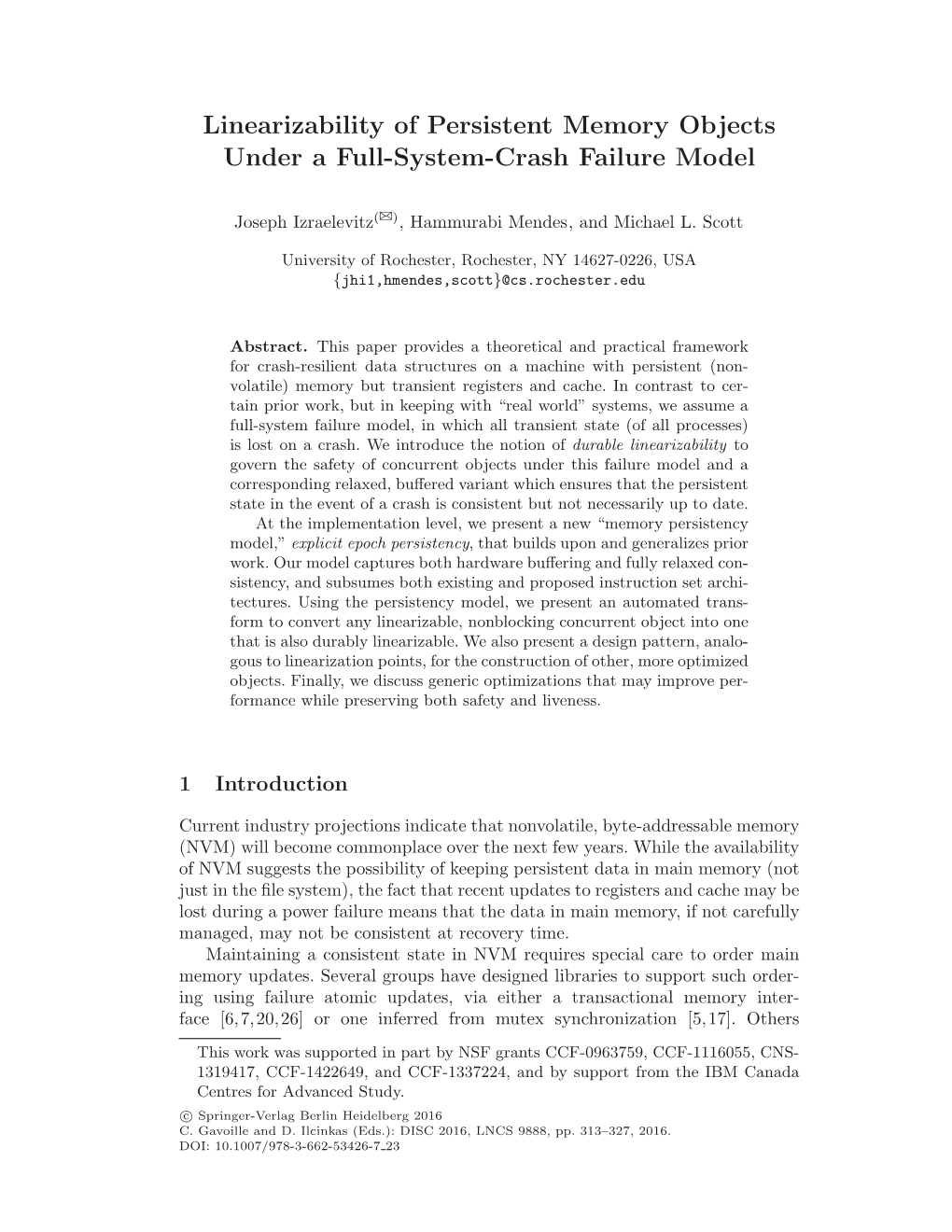 Linearizability of Persistent Memory Objects Under a Full-System-Crash Failure Model