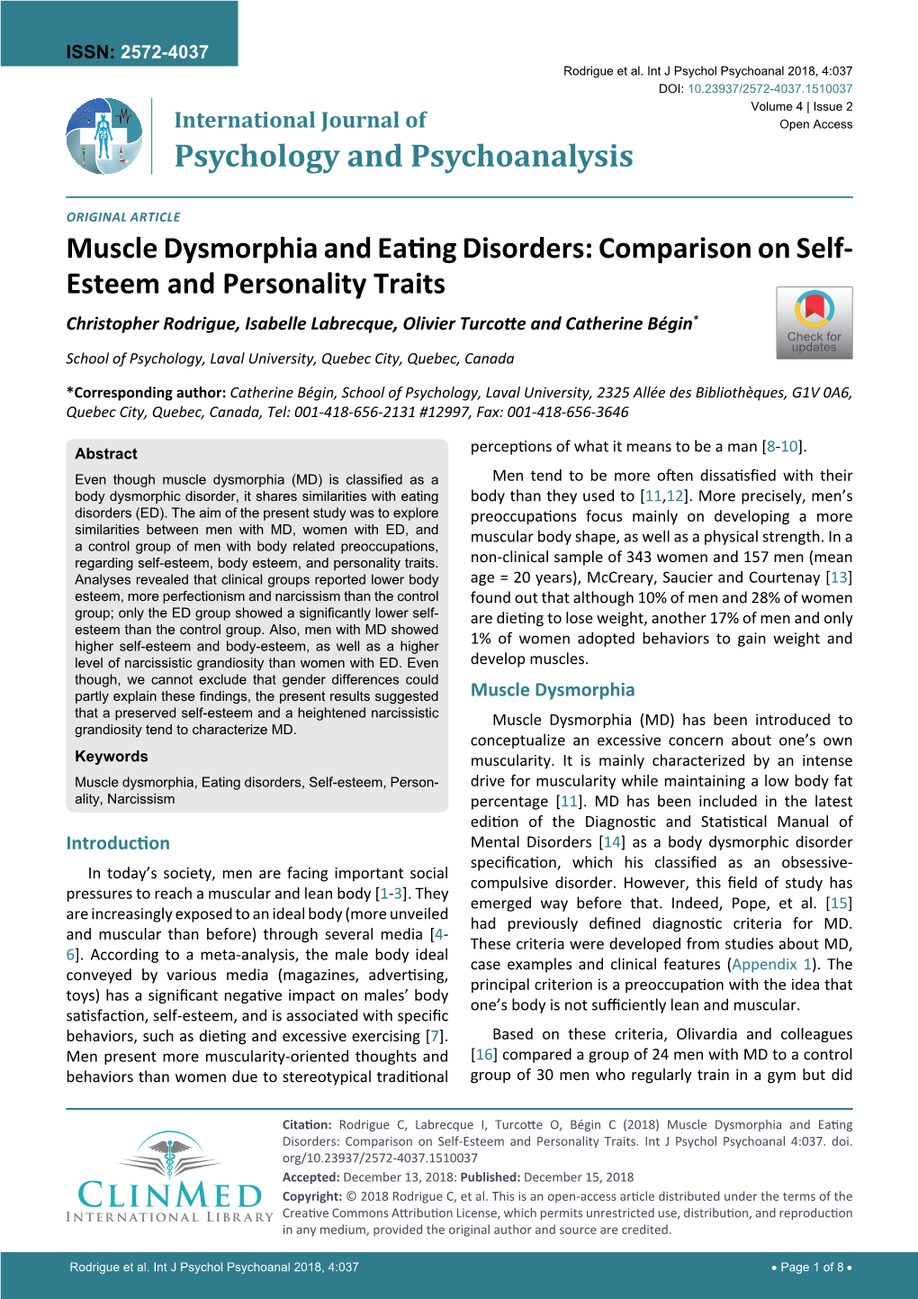 Muscle Dysmorphia and Eating Disorders: Comparison on Self-Esteem and Personality Traits
