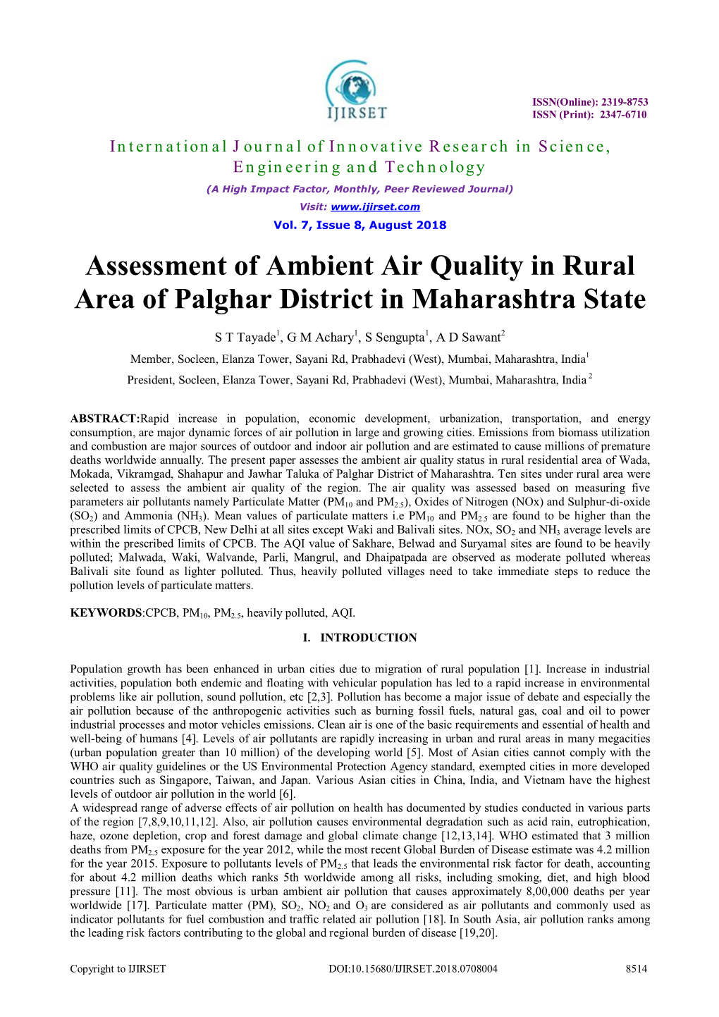 Assessment of Ambient Air Quality in Rural Area of Palghar District in Maharashtra State