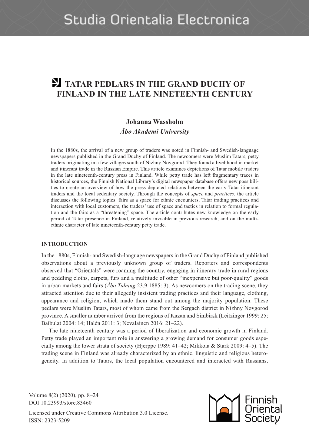 Tatar Pedlars in the Grand Duchy of Finland in the Late Nineteenth Century