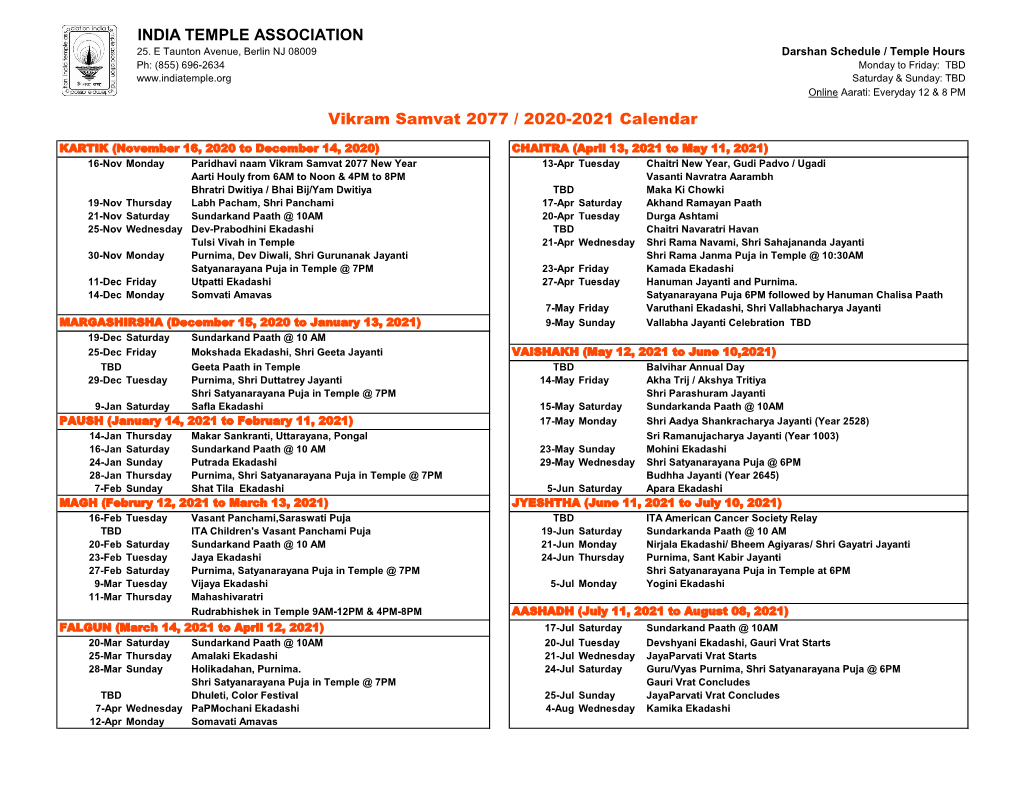 INDIA TEMPLE ASSOCIATION Vikram Samvat 2077 / 2020-2021 Calendar