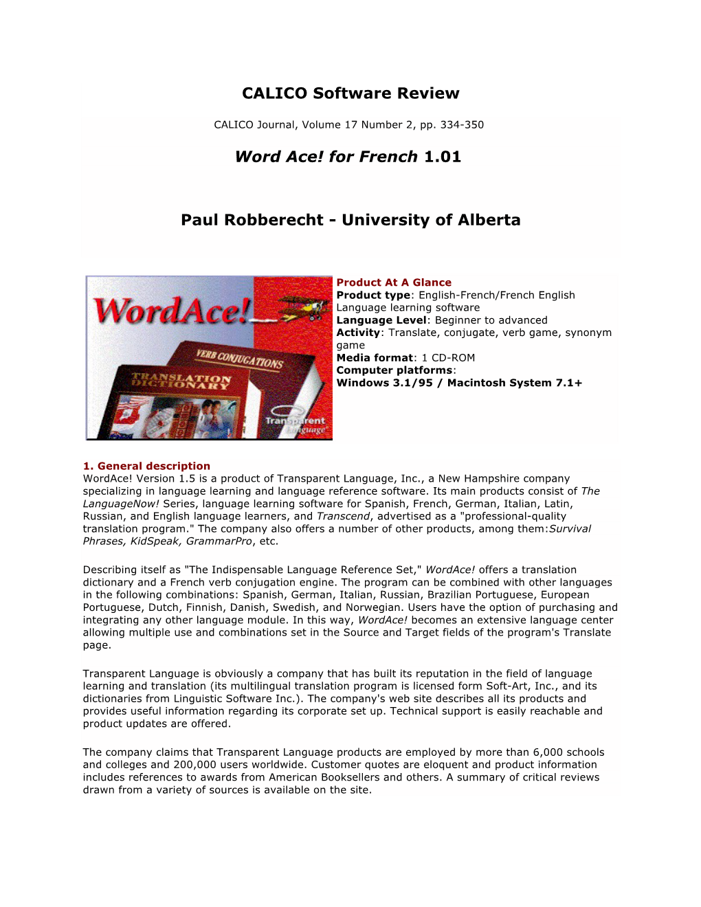 CALICO Software Review Word Ace! for French 1.01 Paul Robberecht