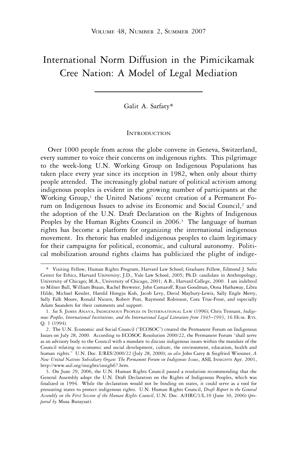 International Norm Diffusion in the Pimicikamak Cree Nation: a Model of Legal Mediation