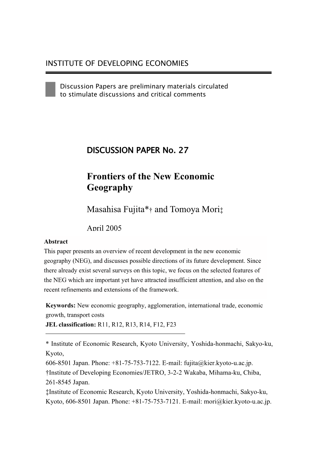 Frontiers of the New Economic Geography