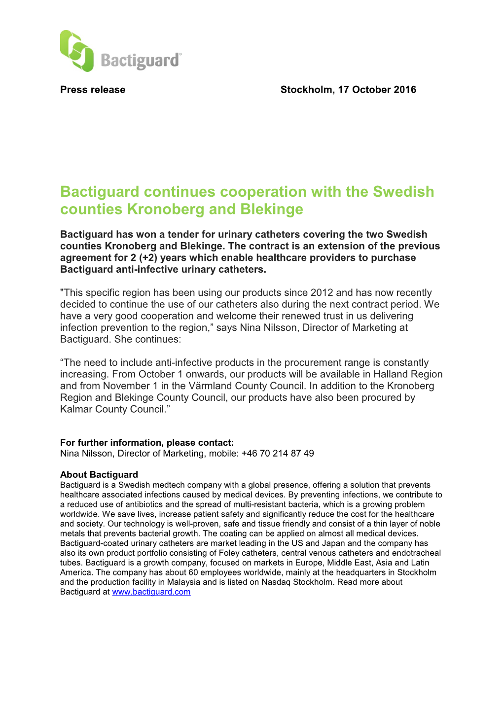 Bactiguard Continues Cooperation with the Swedish Counties Kronoberg and Blekinge