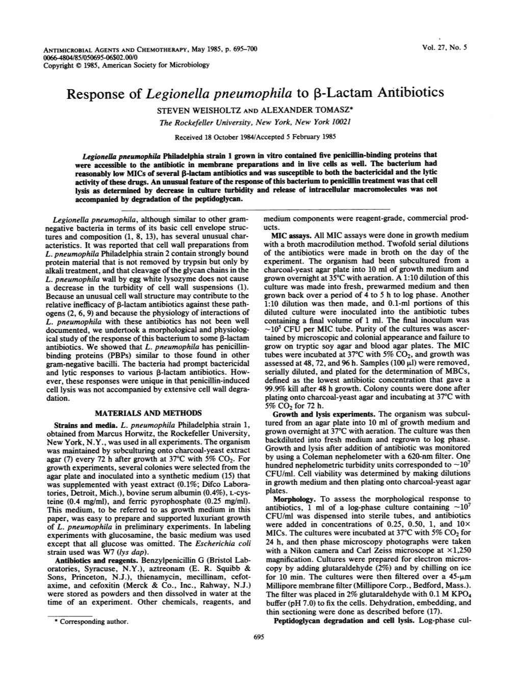 Response of Legionella Pneumophila to ,B-Lactam Antibiotics