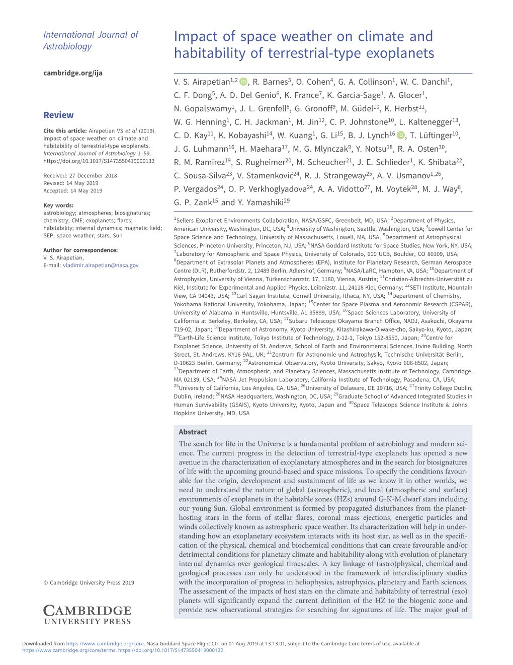 Impact of Space Weather on Climate and Habitability of Terrestrial-Type